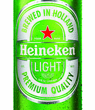 A publicity photo showing a glass bottle of Heineken Light beer.