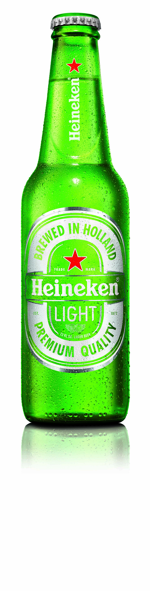 A publicity photo showing a glass bottle of Heineken Light beer.