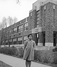Full credit: Carl Wasaki/Life Images Collection/Getty Images  Linda Brown outside Sumner Elementary School in Topkea, Kansas, in 1953.