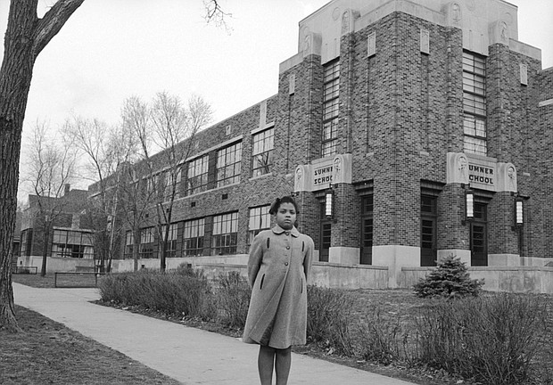 Full credit: Carl Wasaki/Life Images Collection/Getty Images  Linda Brown outside Sumner Elementary School in Topkea, Kansas, in 1953.
