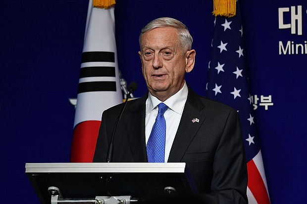 U.S. Secretary of Defense James Mattis attends the joint press conference after the 49th Security Consultative Meeting (SCM) at Defense Ministry on October 28, 2017 in Seoul, South Korea. Mattis is in South Korea ahead of the visit by U.S. President Donald Trump./Song Kyung-Seok-Pool/Getty Image