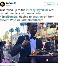 Since Sunday, the restaurant chain has been touting a rebranded version of its charbroiled sliders called "Spielburgers," in honor of director Steven Spielberg and his new film, "Ready Player One."/@CarlsJr/Twitter