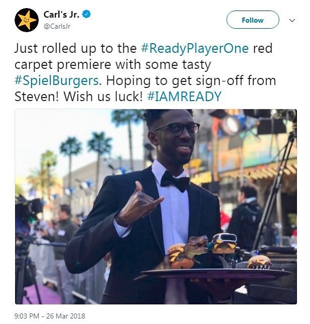 Since Sunday, the restaurant chain has been touting a rebranded version of its charbroiled sliders called "Spielburgers," in honor of director Steven Spielberg and his new film, "Ready Player One."/@CarlsJr/Twitter