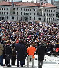 Thousands of people fill the area in front of the South Portico of the state Capitol during Saturday’s March for Our Lives rally and march in Richmond. The event was sponsored by a variety of community groups and organizations, including Richmond Public Schools, the Richmond Branch NAACP, Moms Demand Action for Gun Sense in America, the Richmond Peace Education Center, The Educational Fund to Stop Gun Violence and Liberal Women of Chesterfield County and Beyond.