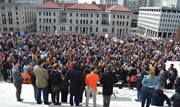 Thousands of people fill the area in front of the South Portico of the state Capitol during Saturday’s March for Our Lives rally and march in Richmond. The event was sponsored by a variety of community groups and organizations, including Richmond Public Schools, the Richmond Branch NAACP, Moms Demand Action for Gun Sense in America, the Richmond Peace Education Center, The Educational Fund to Stop Gun Violence and Liberal Women of Chesterfield County and Beyond.