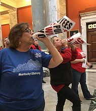 Oklahoma and Kentucky teachers are walking off the job April 2, 2018 and holding rallies at their state capitols to pressure lawmakers. Seen here is retired teacher Lydia Coffey chants "Vote them out" as lawmakers in Kentucky debated a bill in March to make changes to the state's pension system. (File Photo)