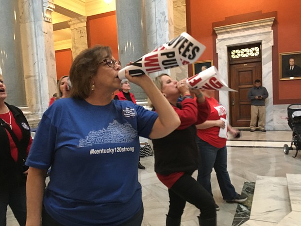 Oklahoma and Kentucky teachers are walking off the job April 2, 2018 and holding rallies at their state capitols to pressure lawmakers. Seen here is retired teacher Lydia Coffey chants "Vote them out" as lawmakers in Kentucky debated a bill in March to make changes to the state's pension system. (File Photo)