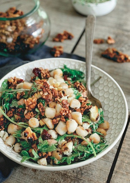 Bay Scallop, Baby Kale and Corn Salad with Tart Cherry Granola