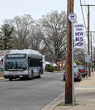 Cityscape // This notice in the 1700 block of Colorado Avenue in the West End signals that construction may soon be finished on GRTC’s new bus rapid-transit system called “Pulse.”
GRTC promised to overhaul regular bus routes and bus stops when Pulse starts operations, and the new signs posted around the area indicate GRTC is preparing for the end of construction and the start of service changes. 
The completion of Pulse would be good news for businesses that have lost customers along the Pulse route because of the construction work and commuters weary of the traffic disruption the $64 million project has created, particularly along Broad Street.
In a statement to the Free Press on Monday, GRTC spokeswoman Carrie Rose Pace stated that “construction activities continue for the GRTC Pulse project,” noting that June 30 remains the fixed completion date under the contract with Lane Construction Co.
“The project team continues to push to get the work completed as early as possible and will announce a service launch date” when that is known, she stated, adding that Pulse service is projected to begin this summer following testing and approval.
Next week, Pulse stations at 10 locations are scheduled to get finishing touches, including installation of cedar ceilings inside stations and pedestrian curb cuts to make it easier for people in wheelchairs to reach the stations.
 No additional work is scheduled on stations at four locations for the week beginning Sunday, April 8, according to GRTC. Those stations are located on Broad Street at Willow Lawn Drive, Staples Mill Road, Cleveland Street and the Science Museum of Virginia.