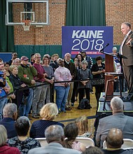 Campaign kickoff //
U.S. Sen. Tim Kaine speaks to enthusiastic supporters Monday evening at the Maggie Walker Governor’s School as he launches his campaign for a second, six-year term in Washington. The Richmond rally was the first of 22 stops the incumbent Democrat scheduled in his bid for a November election victory. Sen. Kaine, 60, is a former Virginia governor and Richmond mayor who was elected to the U.S. Senate in 2012. Three archconservative Republican supporters of President Trump will face-off in a June 12 GOP primary for the opportunity to challenge Sen. Kaine in November. They are Corey Stewart, chairman of the Prince William County Board of Supervisors; Delegate Nick Freitas of Culpeper; and E.W. Jackson of Chesapeake, a minister and attorney who failed in his 2013 bid for lieutenant governor.