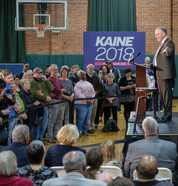 Campaign kickoff //
U.S. Sen. Tim Kaine speaks to enthusiastic supporters Monday evening at the Maggie Walker Governor’s School as he launches his campaign for a second, six-year term in Washington. The Richmond rally was the first of 22 stops the incumbent Democrat scheduled in his bid for a November election victory. Sen. Kaine, 60, is a former Virginia governor and Richmond mayor who was elected to the U.S. Senate in 2012. Three archconservative Republican supporters of President Trump will face-off in a June 12 GOP primary for the opportunity to challenge Sen. Kaine in November. They are Corey Stewart, chairman of the Prince William County Board of Supervisors; Delegate Nick Freitas of Culpeper; and E.W. Jackson of Chesapeake, a minister and attorney who failed in his 2013 bid for lieutenant governor.