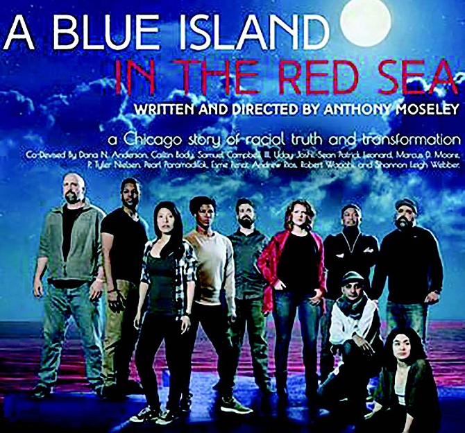 The cast/co-devisers of A Blue Island in the Red Sea includes (from left) Sean Patrick Leonard, Sam Campbell III, Pearl Paramadilok, Dana N. Anderson, P. Tyler Nielsen, Shannon Leigh Webber, Marcus D. Moore, Uday Joshi (kneeling), Andrew Rios and Esme Perez (kneeling).