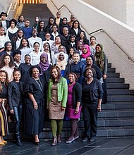 Front row, left to right, Interactive workshop presenters Shameika Bowman and Tatia Adams Fox, are joined by Cecilia Nelson-Hurt, Assistant Vice President of Diversity & Inclusion and Cheryl Green-Foster, President, New York Coalition of One Hundred Black Women, along with two Coalition members, in front of Role Model 2018 students at L’Oréal USA headquarters.