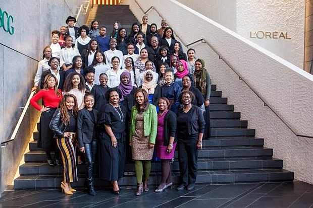 Front row, left to right, Interactive workshop presenters Shameika Bowman and  Tatia Adams Fox, are joined by Cecilia Nelson-Hurt, Assistant Vice President of Diversity & Inclusion and Cheryl Green-Foster, President, New York Coalition of One Hundred Black Women, along with two Coalition members, in front of Role Model 2018 students at L’Oréal USA headquarters.
