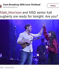 Broadway and television entertainers will share the stage with Marjory Stoneman Douglas High School students for a concert to benefit victims and survivors of the February 14 school shooting in Parkland, Florida.  Full Credit: From Broadway With Love: Parkland/Twitter