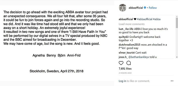 Mamma Mia! ABBA is getting the band back together. The Swedish pop group announced Friday on its official Instagram account that an earlier announced avatar plan of the band, dubbed "Abbatars," helped rekindle the magic.