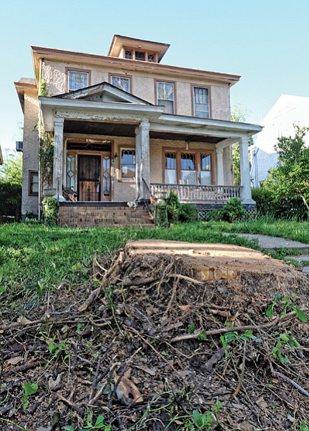 Cityscape // This stump,  left, is all that remains of the dying sycamore that once stood, above, in front of Spencer Turner’s North Side home. The city Department of Public Works authorized the removal of the city tree last Friday from the property in the 100 block of West Lancaster Road. 