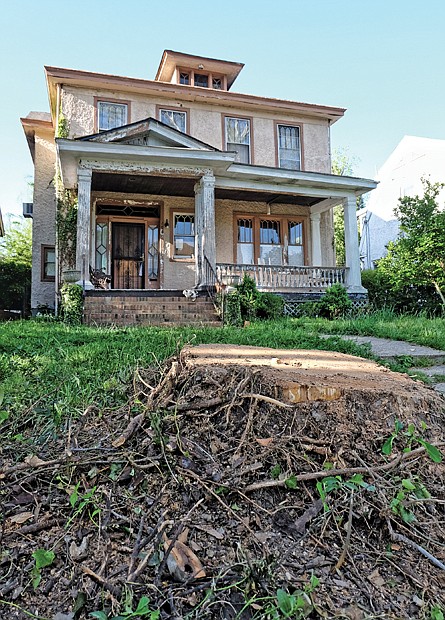 Cityscape // This stump, left, is all that remains of the dying sycamore that once stood, above, in front of Spencer Turner’s North Side home. The city Department of Public Works authorized the removal of the city tree last Friday from the property in the 100 block of West Lancaster Road.