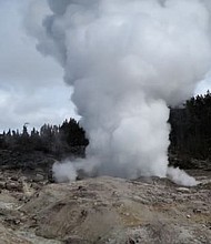 Yellowstone National Park's Steamboat Geyser just erupted for the third time in two months, and scientists aren't sure why. It doesn't erupt very often, but when it does, it is the tallest active geyser in the world. The Steamboat Geyser -- known to eject a column of water 300 feet in the air -- erupted for the third time April 27.  Credit: Behnaz Hosseini/USGS/National Park Service