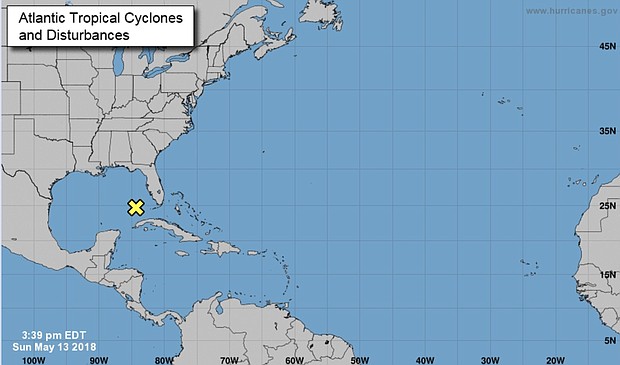 This map from the National Hurricane Center shows disturbances in the Atlantic on Sunday, May 13, 2018.