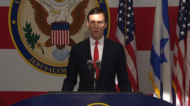 White House senior adviser Jared Kushner delivers remarks at the opening of the United States' new embassy in Jerusalem, on Monday May 14, 2018.