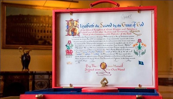 An image of Queen Elizabeth II's elaborate notice of consent to the marriage of Prince Harry and Meghan Markle was …