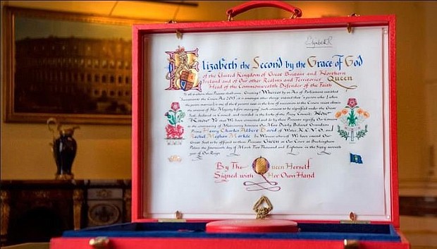 	Buckingham Palace released an image of Queen Elizabeth II's notice of consent to the marriage of Prince Harry and Meghan Markle   Full Credit: Victoria Jones/AP