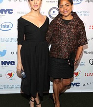 Meghan Markle attends a UN Women's event with her mother in March 2015.  CREDIT: Patrick McMullan via Getty Images