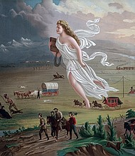 This painting shows "Manifest Destiny" (the belief that the United States should expand from the Atlantic to the Pacific Ocean. In 1872 artist John Gast painted a popular scene of people moving west that captured the view of Americans at the time. Called "Spirit of the Frontier" and widely distributed as an engraving portrayed settlers moving west, guided and protected by Columbia (who represents America and is dressed in a Roman toga to represent classical republicanism) and aided by technology (railways, telegraph), driving Native Americans and bison into obscurity. It is also important to note that Columbia is bringing the "light" as witnessed on the eastern side of the painting as she travels towards the "darkened" west.
