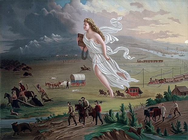 This painting shows "Manifest Destiny" (the belief that the United States should expand from the Atlantic to the Pacific Ocean. In 1872 artist John Gast painted a popular scene of people moving west that captured the view of Americans at the time. Called "Spirit of the Frontier" and widely distributed as an engraving portrayed settlers moving west, guided and protected by Columbia (who represents America and is dressed in a Roman toga to represent classical republicanism) and aided by technology (railways, telegraph), driving Native Americans and bison into obscurity. It is also important to note that Columbia is bringing the "light" as witnessed on the eastern side of the painting as she travels towards the "darkened" west.
