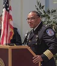 Remembering the fallen // 
Police Chief Alfred Durham, right, speaks at a memorial service Wednesday for Richmond Police officers killed in the line of duty. Location: The Richmond Police Training Academy on Graham Road in North Side
