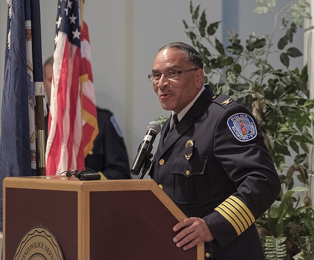 Remembering the fallen // 
Police Chief Alfred Durham, right, speaks at a memorial service Wednesday for Richmond Police officers killed in the line of duty. Location: The Richmond Police Training Academy on Graham Road in North Side
