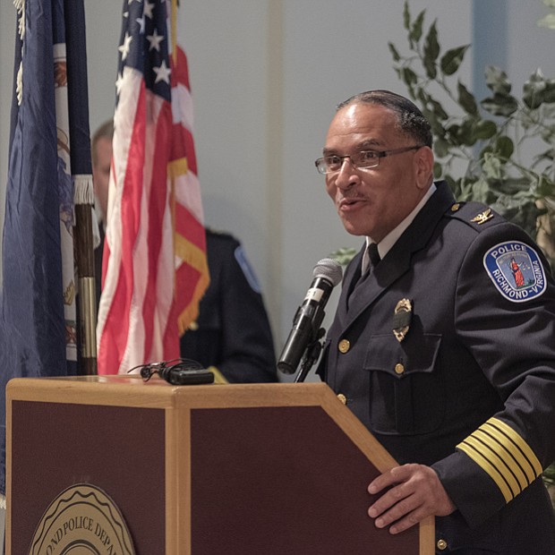 Remembering the fallen // 
Police Chief Alfred Durham, right, speaks at a memorial service Wednesday for Richmond Police officers killed in the line of duty. Location: The Richmond Police Training Academy on Graham Road in North Side

