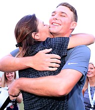 	Aaron Wise celebrates with his mother Karla Kane after winning the AT&T Byron Nelson.