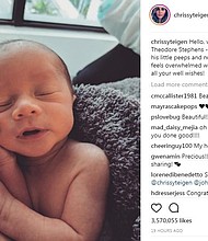 	Chrissy Teigen shared a photo of her and John Legend's new son Sunday on social media.