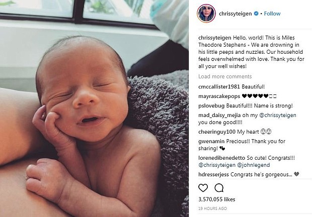 	Chrissy Teigen shared a photo of her and John Legend's new son Sunday on social media.