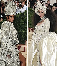 
Left, Rihanna sets off cameras with her glittering outfit and matching miter at the Met Gala benefit on May 7 in New York City celebrating the opening of the exhibition, Heavenly Bodies: Fashion and the Catholic Imagination. Right, a pregnant Cardi B shows off her baby bump as she enters the benefit gala dressed as a madonna. 
