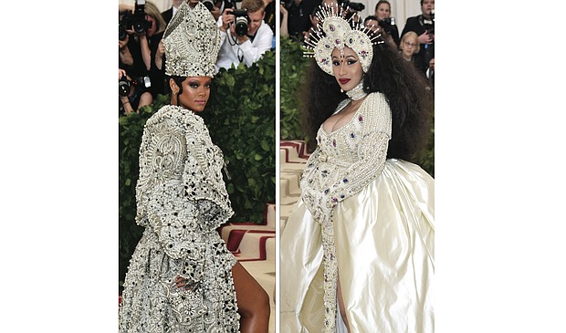 
Left, Rihanna sets off cameras with her glittering outfit and matching miter at the Met Gala benefit on May 7 in New York City celebrating the opening of the exhibition, Heavenly Bodies: Fashion and the Catholic Imagination. Right, a pregnant Cardi B shows off her baby bump as she enters the benefit gala dressed as a madonna. 
