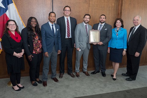 DNV GL representatives congratulated Port Houston for its continued achievements in environmental stewardship and presented a plaque, recognizing its recertification to the Environmental Management System ISO 14001 standard. In 2002, Port Houston became the first U.S. port authority to achieve the EMS ISO 14001 standard. From left: Kelli Gallagher, Ilana Harris, Ryan Dixon, DNV GL representatives, Trae Camble, Chairman Janiece Longoria and Chief Infrastructure Officer Rich Byrnes. (Photo: Business Wire)