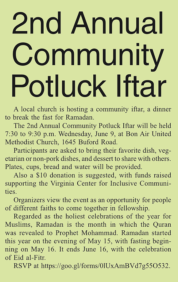 A local church is hosting a community iftar, a dinner to break the fast for Ramadan. The 2nd Annual Community ...