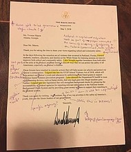 	Yvonne Mason, a teacher in Atlanta took a picture of a letter Trump sent her regarding school safety and gun violence and posted it on Facebook -- marking it up as if it were a student's work.