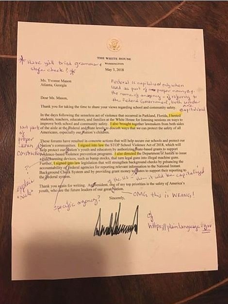 	Yvonne Mason, a teacher in Atlanta took a picture of a letter Trump sent her regarding school safety and gun violence and posted it on Facebook -- marking it up as if it were a student's work.