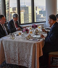 A photo posted to Pompeo's official Twitter account showed the North Koreans dining on a meal of "steak, corn and cheese."