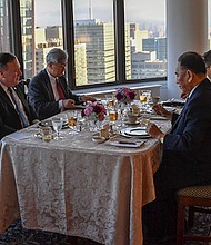 A photo posted to Pompeo's official Twitter account showed the North Koreans dining on a meal of "steak, corn and cheese."