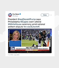 Fox News is facing a torrent of criticism after the network ran photos of various players for the Philadelphia Eagles kneeling in prayer, creating the misleading impression that they were demonstrating during the national anthem.
Source:	@FoxNews/Twitter/CNNMone