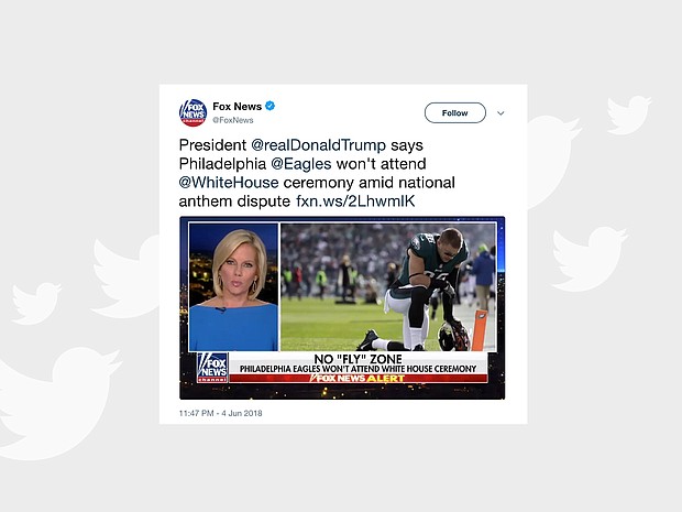 Fox News is facing a torrent of criticism after the network ran photos of various players for the Philadelphia Eagles kneeling in prayer, creating the misleading impression that they were demonstrating during the national anthem.
Source:	@FoxNews/Twitter/CNNMone