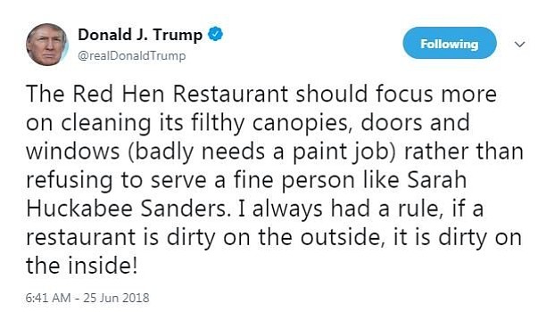 President Donald Trump on Monday insulted a small Virginia restaurant that recently asked White House press secretary Sarah Sanders to leave.