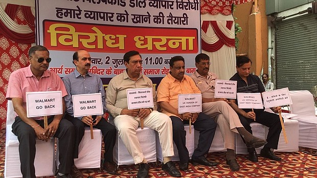 India's shopkeepers took to the streets on Monday to protest Walmart's $16 billion takeover of Indian e-commerce leader Flipkart.