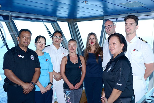 	Crew members on Carnival Glory who played a role in the rescue at sea on Sunday of a Norwegian Cruise Line crew member.  From left to right: Securitay Guard Ramon Morales; Assistant Stateroom Steward Ni Puti Kharisma Dew Wiryanari; Assitance Chief Security Rishu Thapa; Playlist Dancer Karleigh Wright; Assistant Shore Excursion Manager Maja Krstic; Captain Pero GrubjeÅ¡ic; Safety Officer Cesare Mattera and Security Guard Irma Caldino Mariscotes.