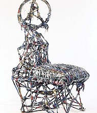 “Foundation of the World (A Dream of My Mother)” by Thornton Dial, 1994, welded steel rods, tin, rope, carpet, rope fiber, wood, burlap, enamel, spray paint and industrial sealing compound.
Photo by Steve Pitkin/Pitkin Studio © Estate of Thornton Dial/Artist Rights Society
